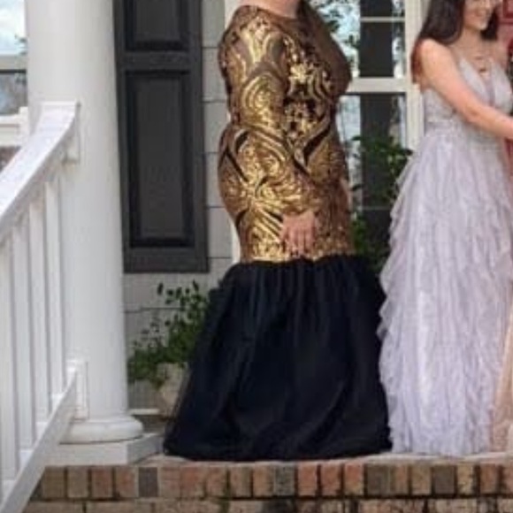 custom made, black and gold, formal prom dress - Picture 2 of 5
